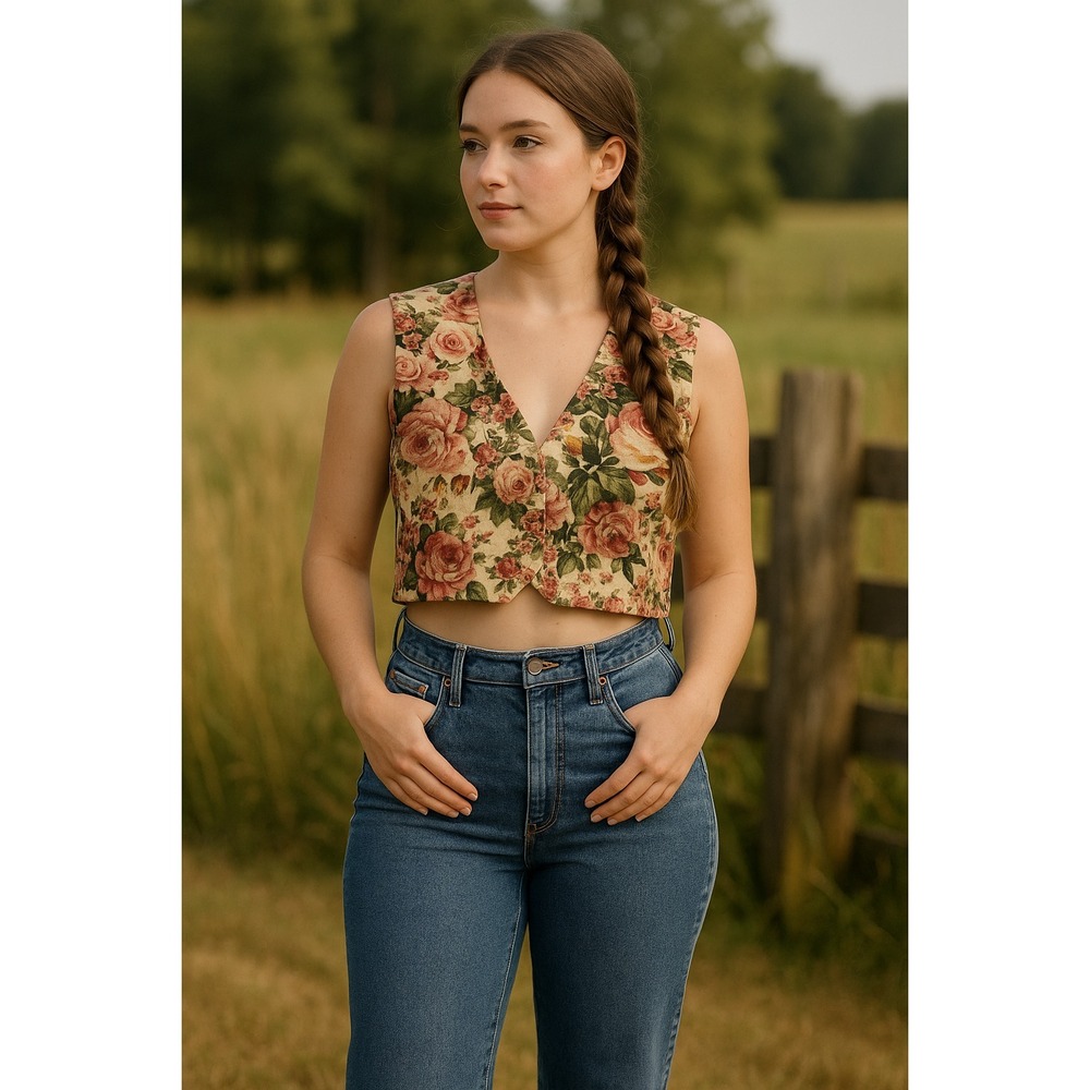 Zara Romantic Cottagecore‎ Floral Crop Top Womens Medium Tan Pink